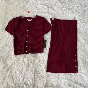No Boundaries Burgundy Ribbed Midi Skirt Set